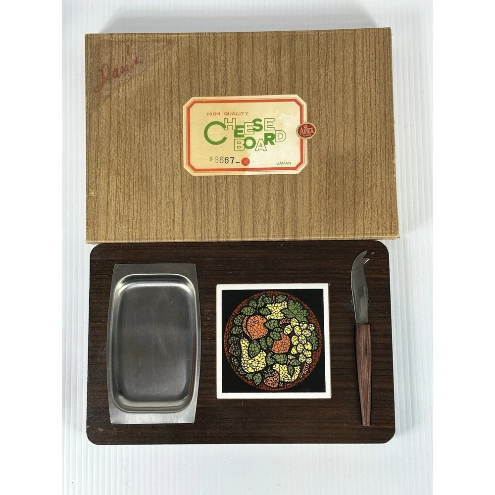 Vintage 1970s Wooden Cheese‎ Board Knife Ceramic Tile Metal Tray Never Used NIB